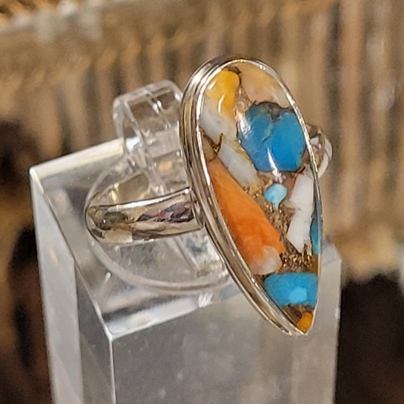GENUINE Spiny Oyster & Arizona Turquoise 925 Silver Ring Jewelry s.7 - Picture 1 of 11